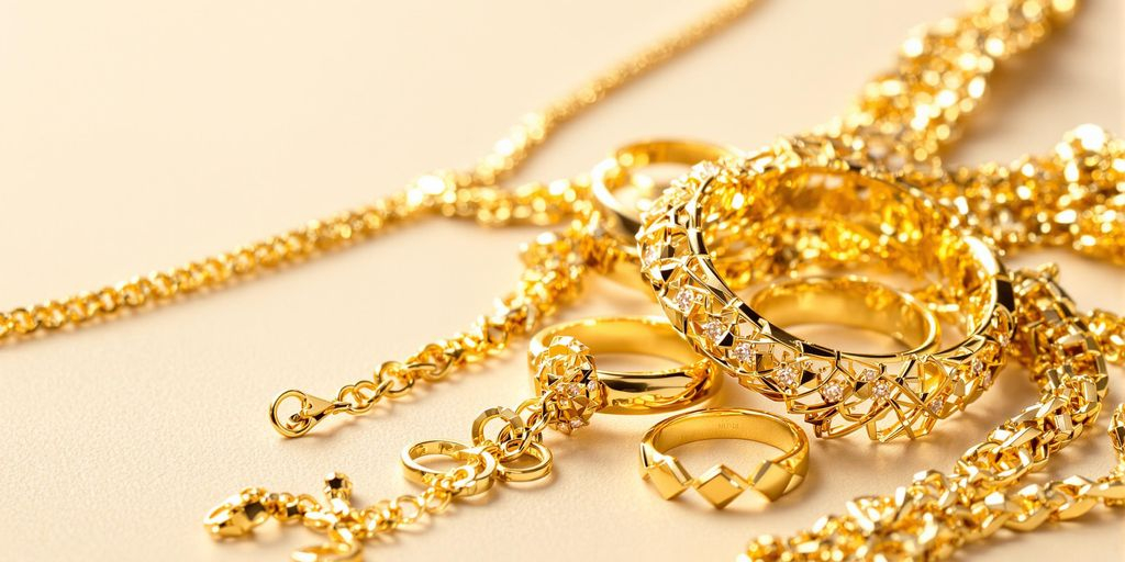 Bijoux en or brillants posés sur une surface neutre.