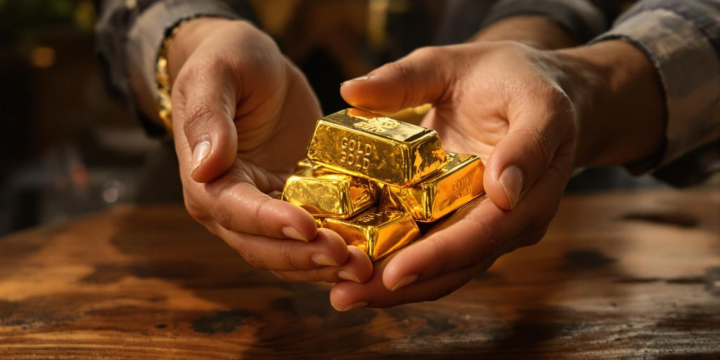 Deux mains échangent des lingots d'or sur une table.