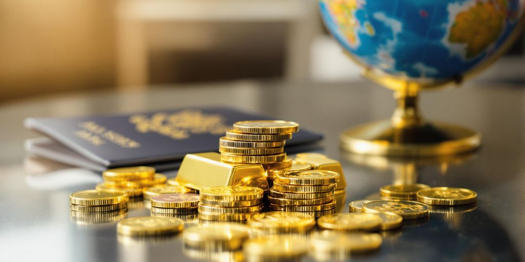Lingots d'or avec passeport et globe terrestre en arrière-plan