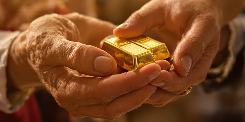 Transmission d'or entre deux générations avec des mains tendues.