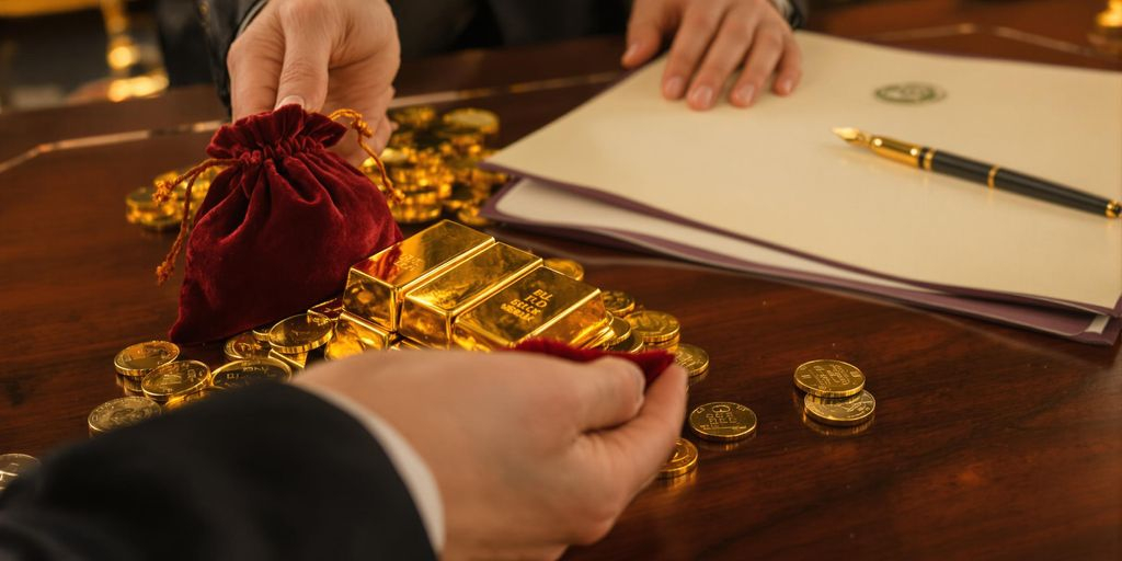 Deux mains échangent de l'or sur une table en bois.