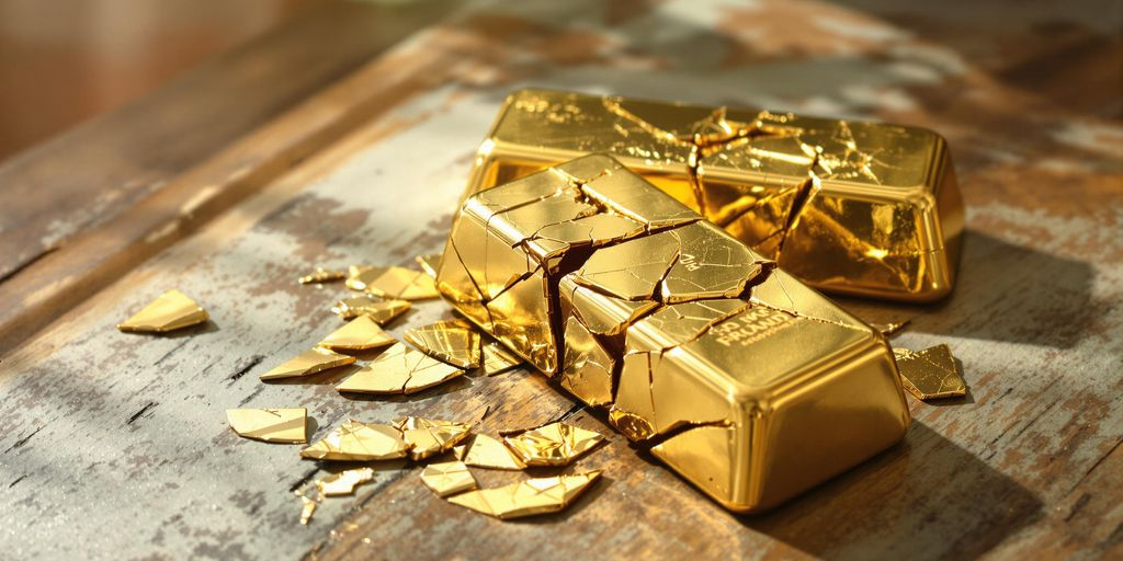 Bars d'or fissurés sur table, fond aux riches couleurs françaises.
