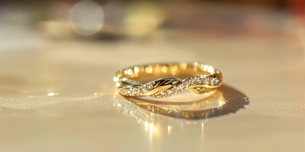 Anneau en or 18 carats posé sur surface lisse réfléchissante.