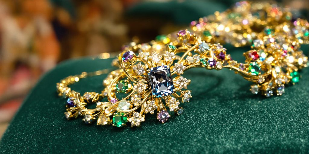 Bijoux en or avec pierres précieuses sur fond de velours.