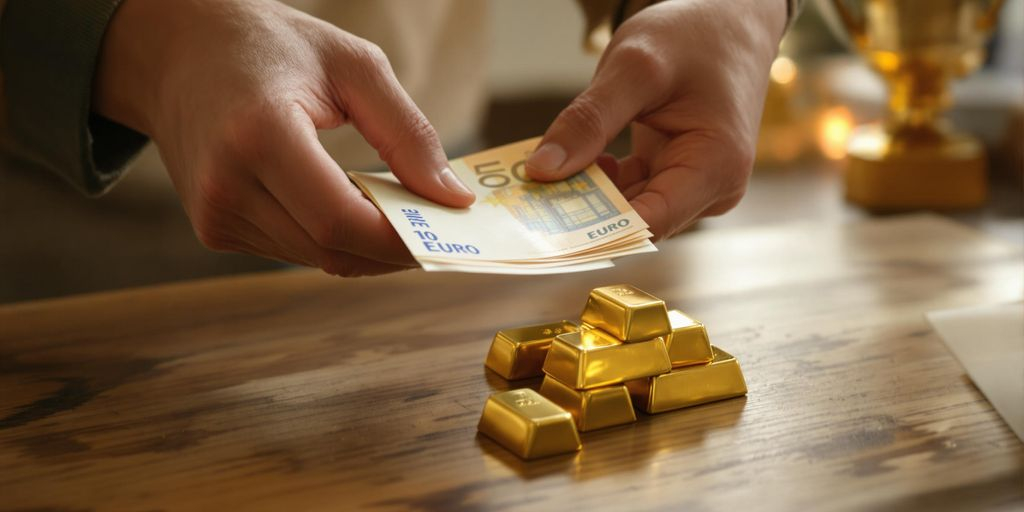 Main tenant de l'or et billets d'euros sur une table.