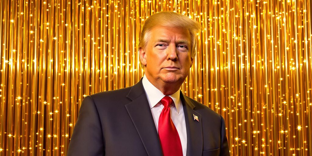 Donald Trump debout devant éclatantes barres d’or sur fond doré.