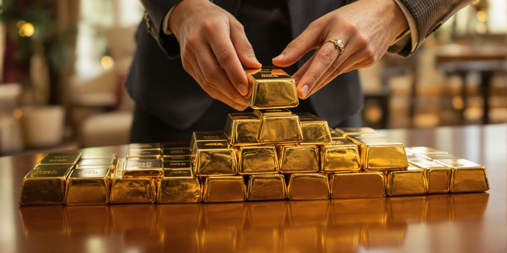 Deux mains échangent un lingot d'or sur une table.