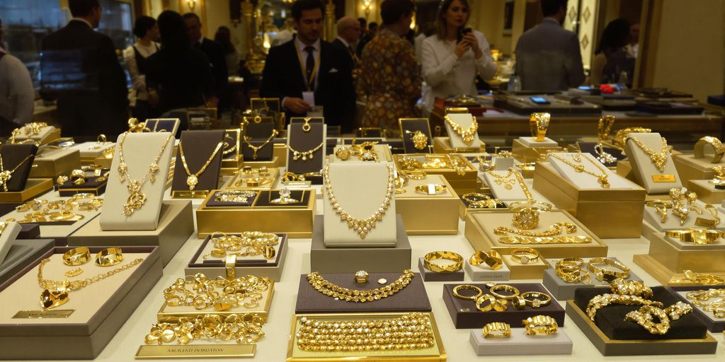 Bijoux en or exposés dans une salle d’enchères élégante.