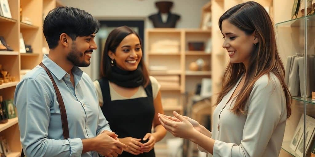Intérieur d'une boutique avec un client et un vendeur.
