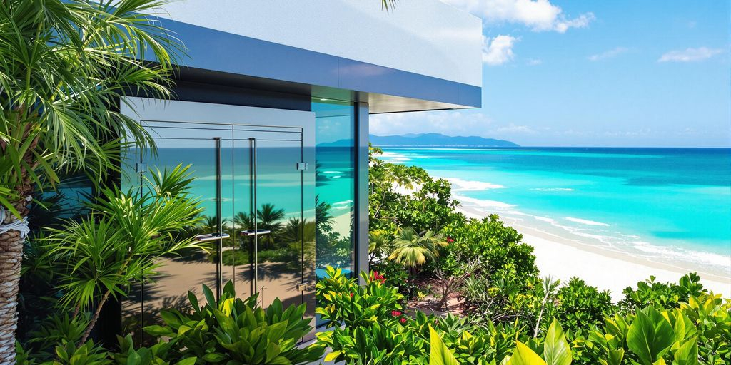 Une image photographique d’un bâtiment sécurisé au bord de mer.