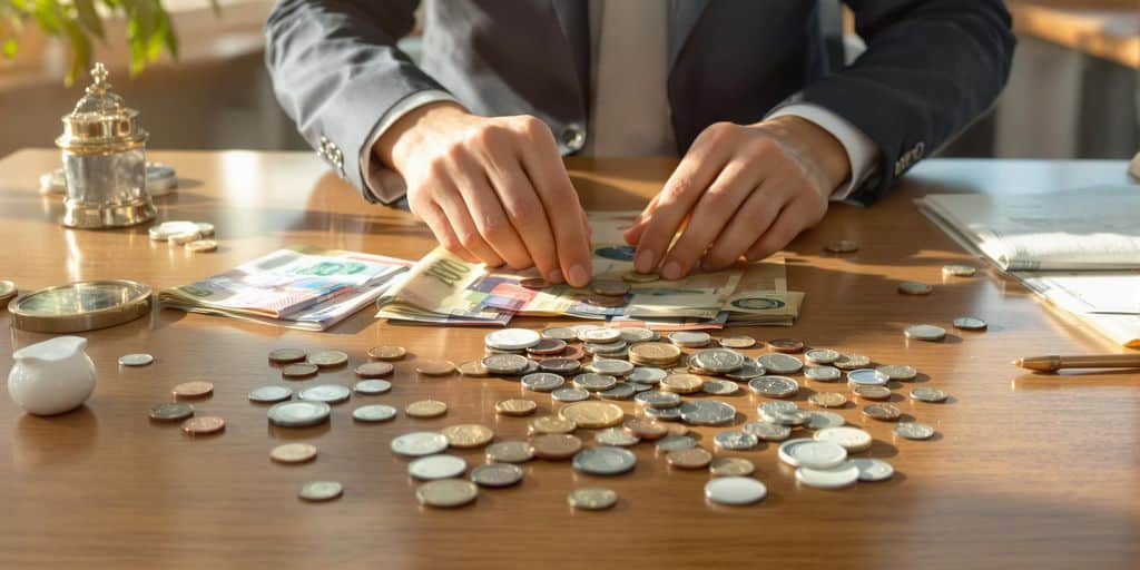 Photographie nette d’un bureau moderne avec argent et objets financiers