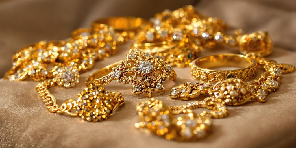Bijoux en or sophistiqués, mis en scène sur fond raffiné.