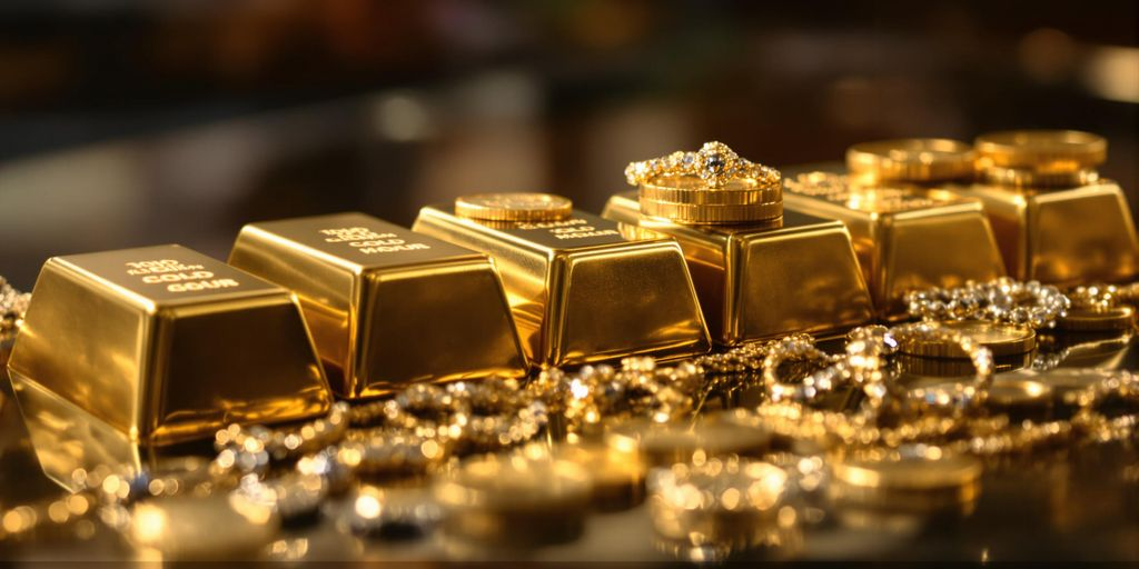 Photo de lingots d’or brillants et pièces raffinées en lumière
