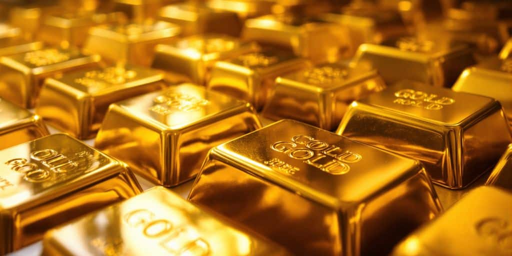 Photographie de bullion d’or étincelant sur fond raffiné, chaleureux, élégant.