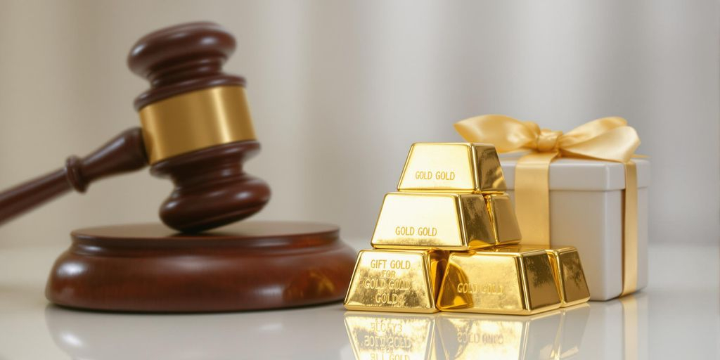 Lingots d'or, marteau de juge et coffret cadeau sur table.