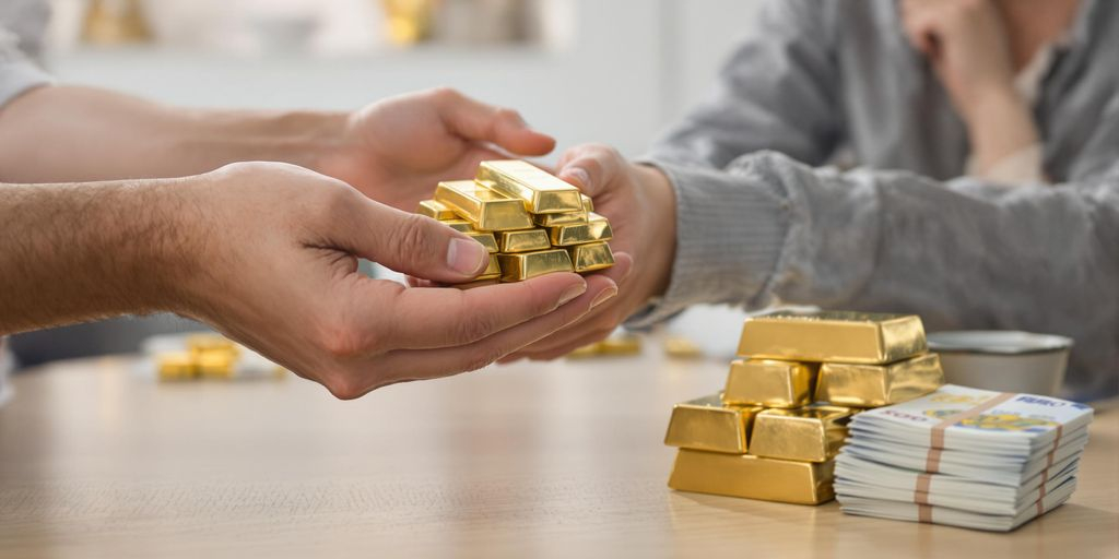 Mains transmettant des lingots d'or et des billets d'euros