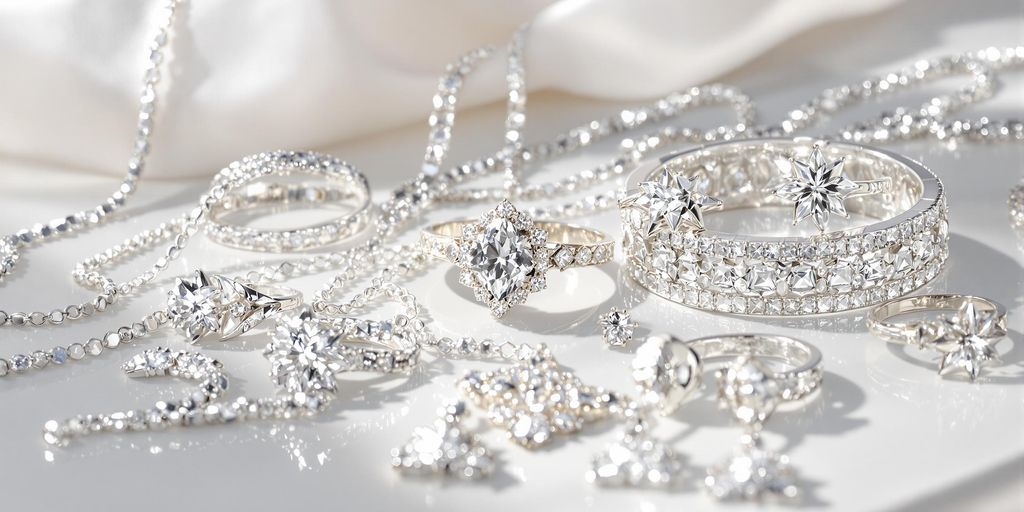 Bijoux en argent étincelants sur fond élégant, moderne et lisse.