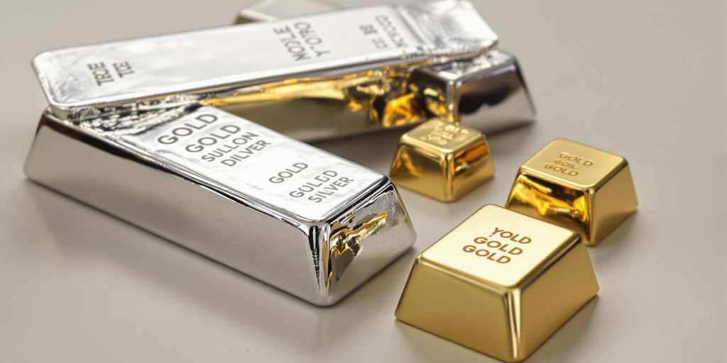 Lingots d'argent volumineux à côté de petits lingots d'or compacts