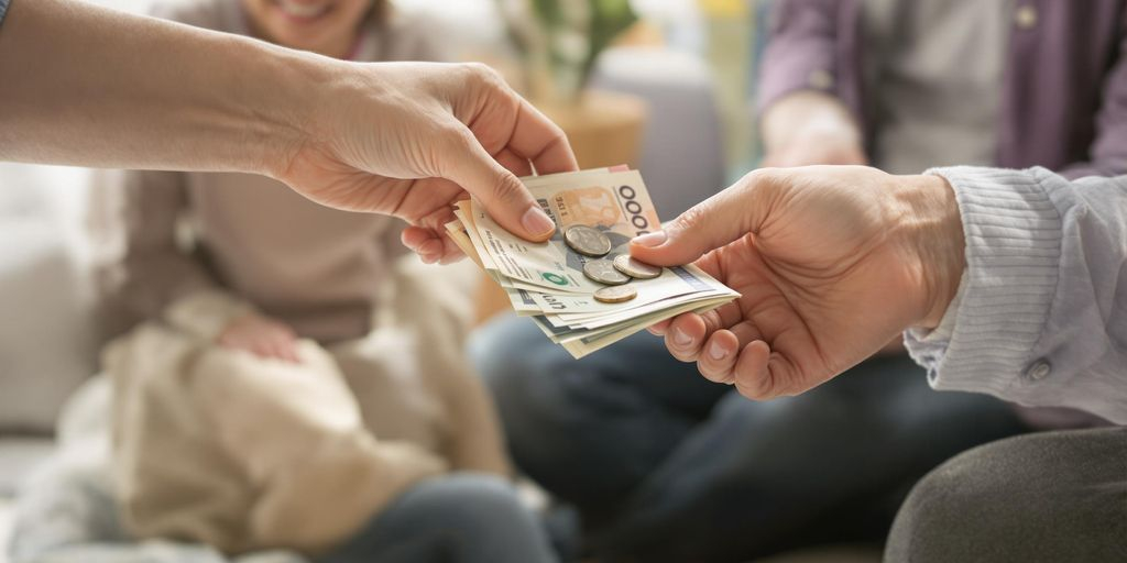 Enfant souriant recevant des billets et pièces d’une main aimante.
