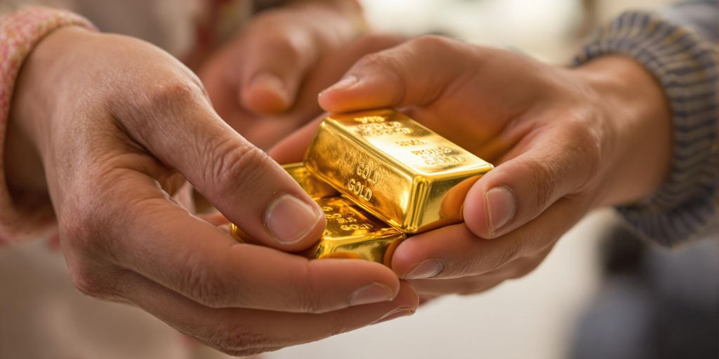 Mains transmettant des lingots d'or dans un cadre familial