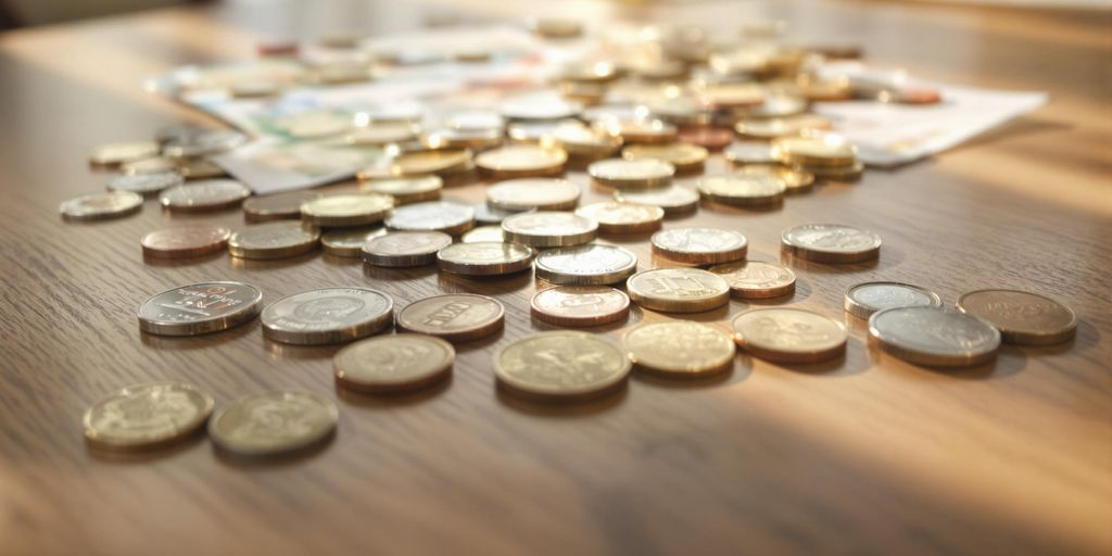 Photographie chaleureuse de billets et petites pièces sur table élégante
