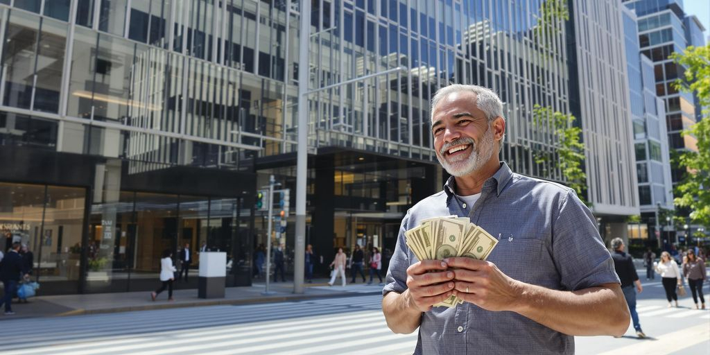 Investisseur souriant tenant de l’argent brillant dans décor urbain dynamique