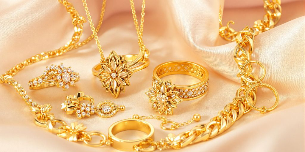 Bijoux en or étincelants sur fond doux, mise en valeur.