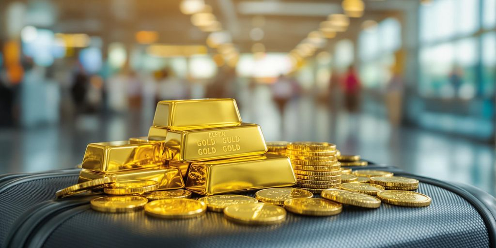 Lingots d’or sur une valise à l’aéroport