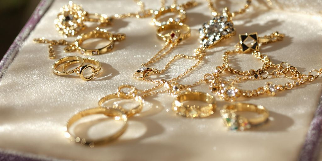 Bijoux en or brillants posés sur un tissu en velours.