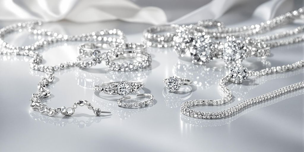 Bijoux en argent photographiés sur surface lustrée avec lumière douce