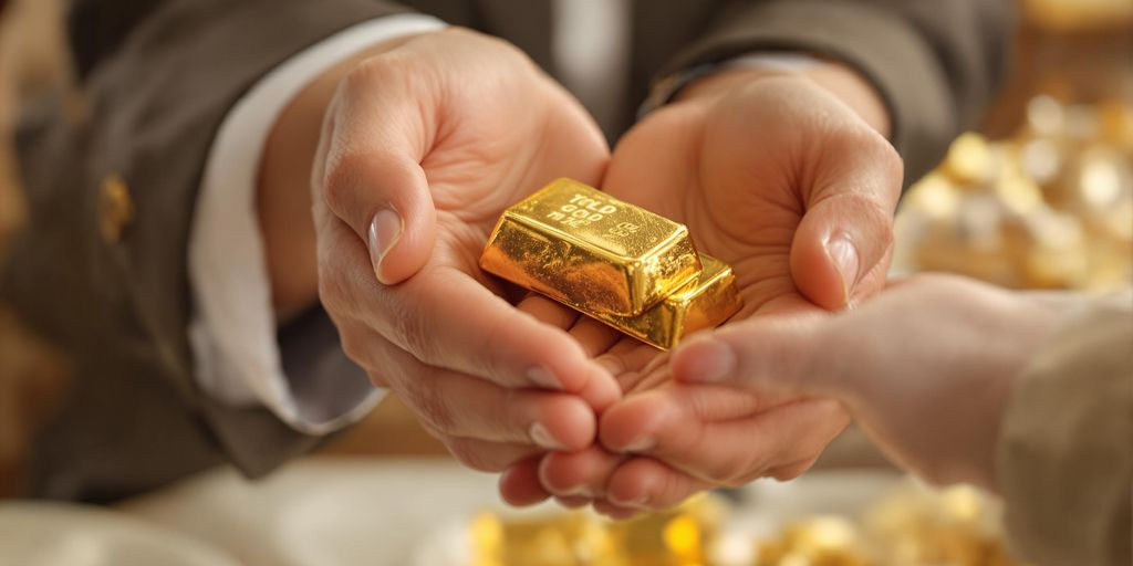 Main tenant une barre d'or entre deux mains ouvertes