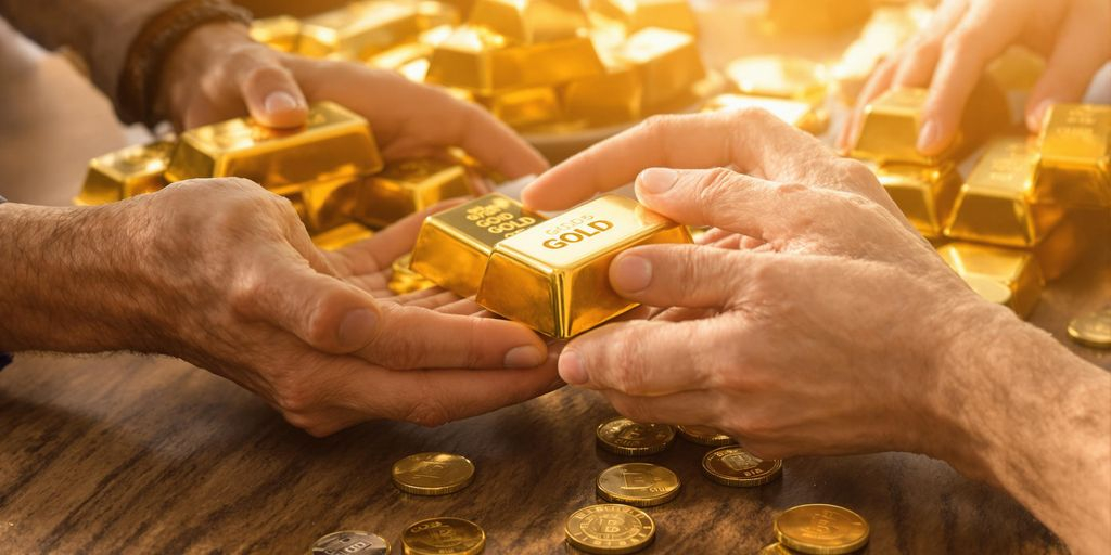 Deux mains échangent un lingot d'or sur une table