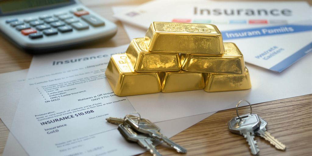 Lingots d'or, calculatrice et documents d'assurance sur une table.