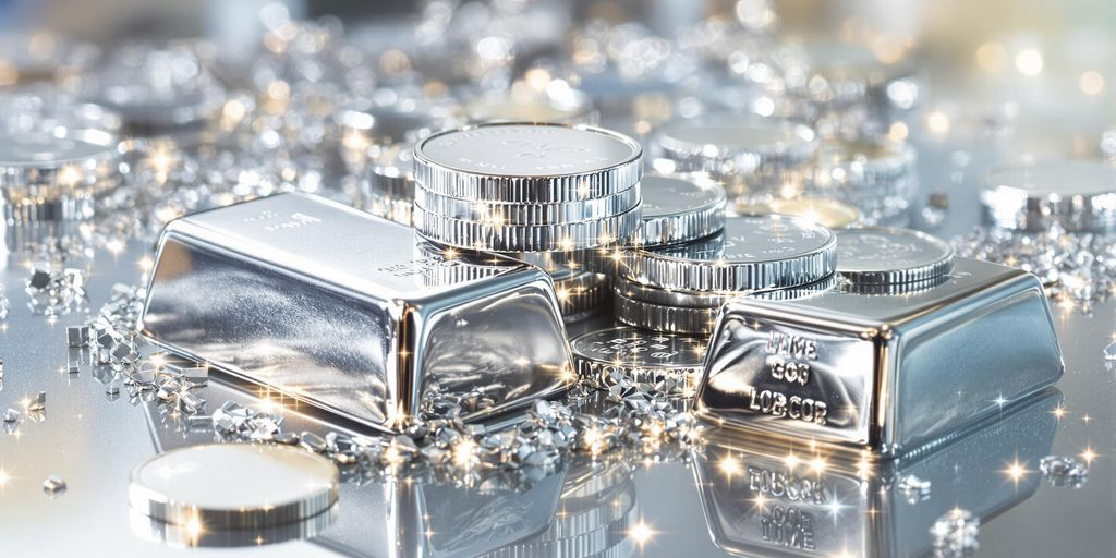 Image photographique de lingots précieux et de pièces d’argent étincelants.