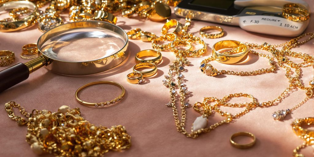 Bijoux en or sous loupe avec balance de bijoutier