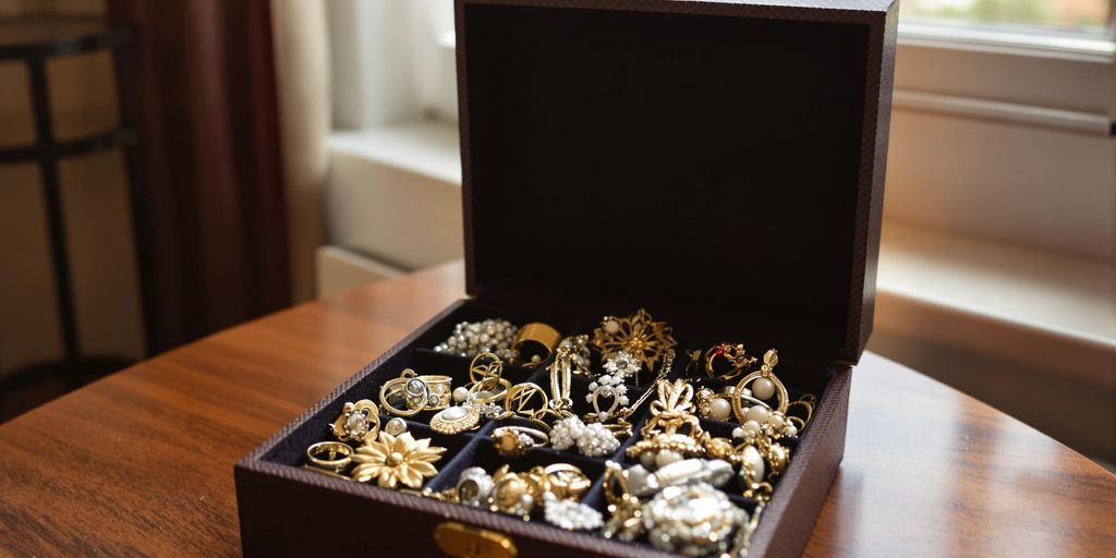 Boîte à bijoux ancienne remplie de bijoux précieux variés.