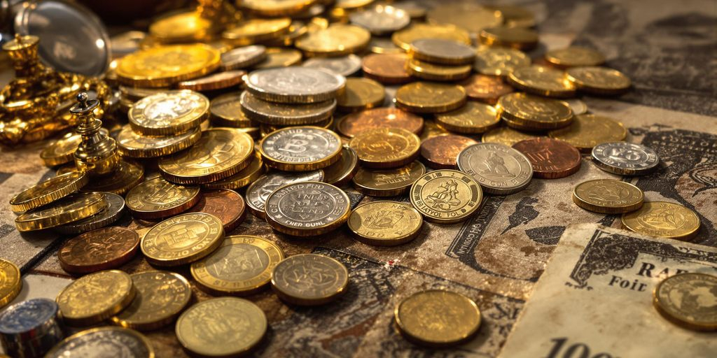 Anciennes pièces d’or et bancnotes sur un fond rustique chaleureux