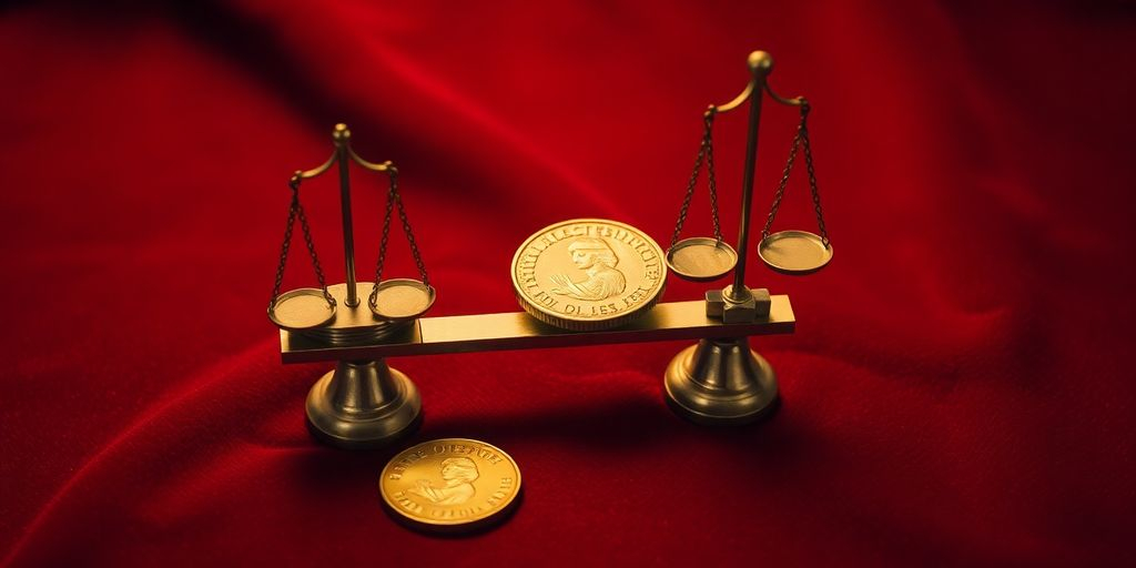 Une pièce d'or et une balance sur un tissu rouge.