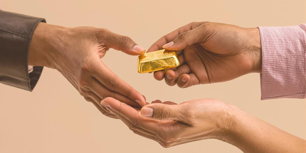 Deux mains transmettent un lingot d'or en don