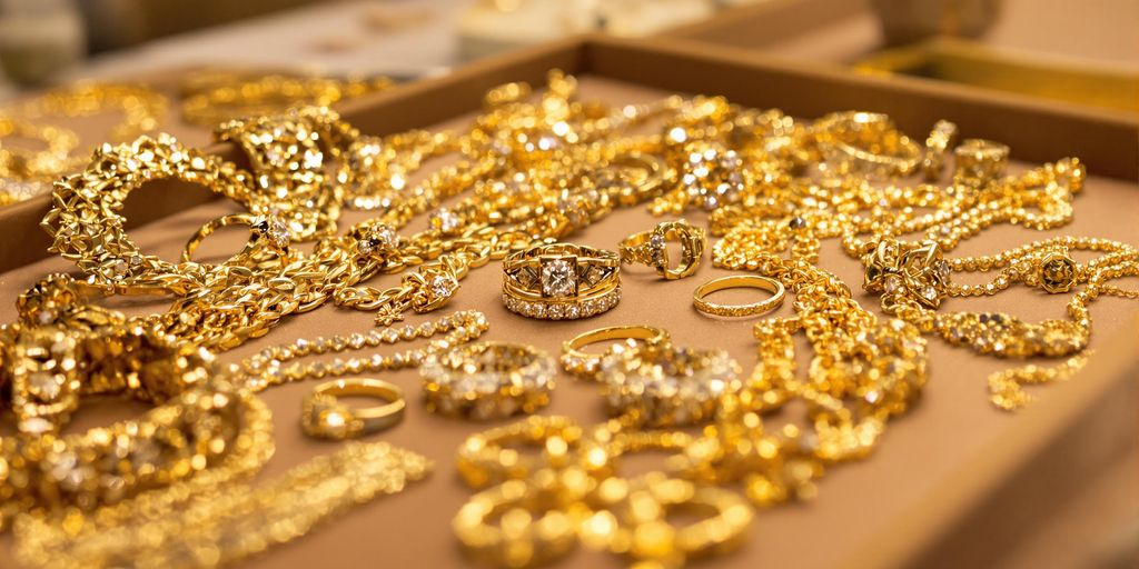 Bijoux en or étincelants exposés sur un plateau d’enchères.