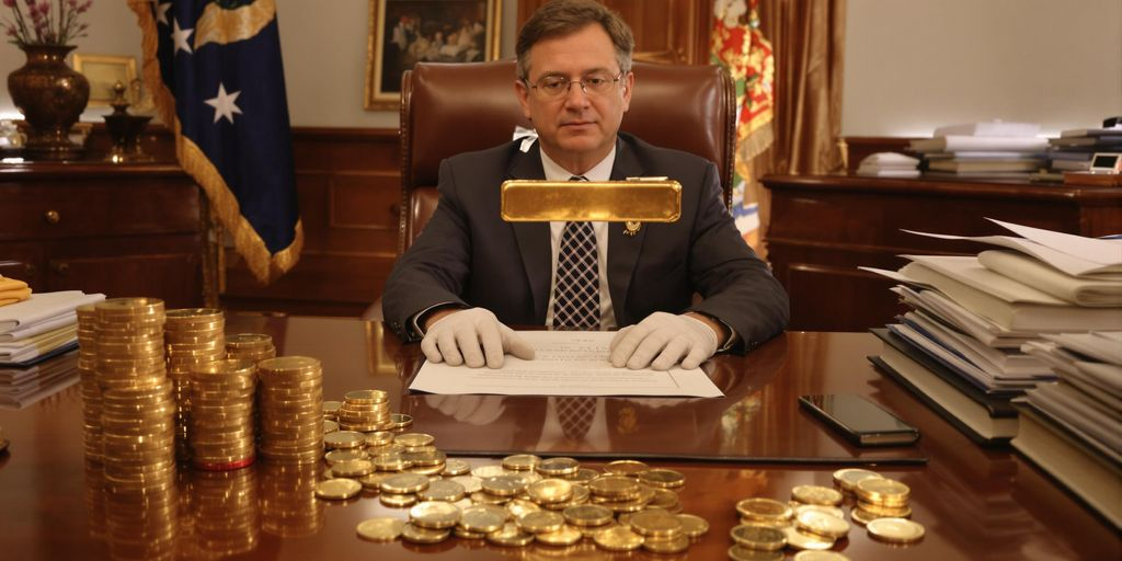 Notaire avec lingot d’or et documents officiels sur bureau