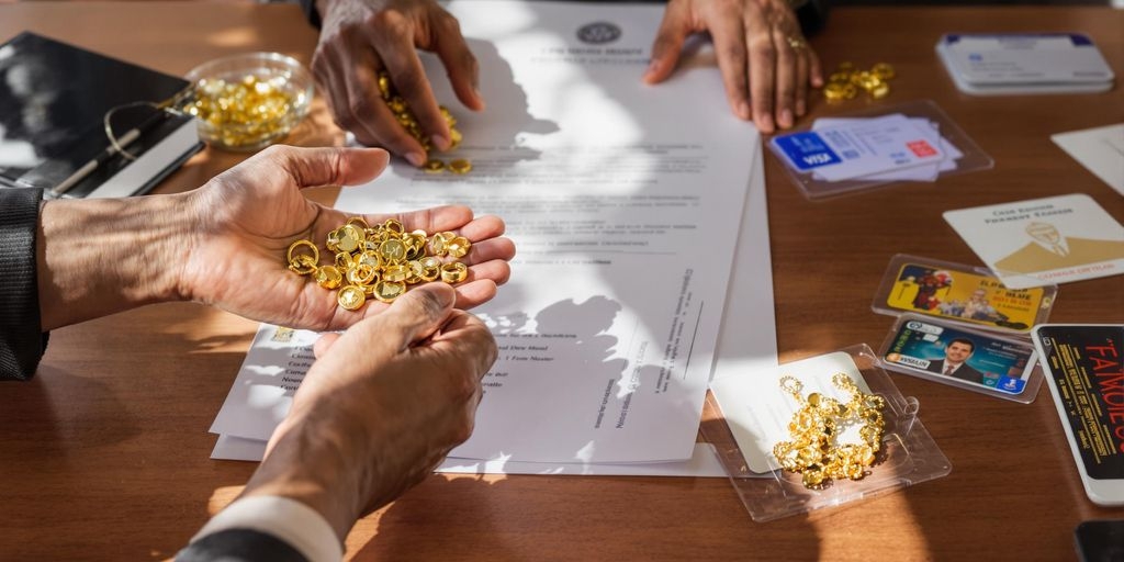 Mains échangeant des bijoux en or avec des documents officiels