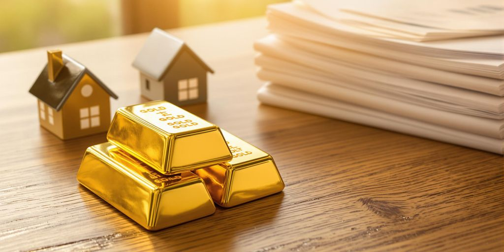 Lingots d'or, maisons miniatures et documents sur une table