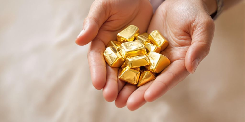Des mains remettant des lingots d'or à un enfant