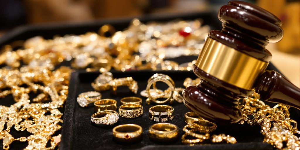 Bijoux en or élégants exposés lors d'une vente aux enchères.