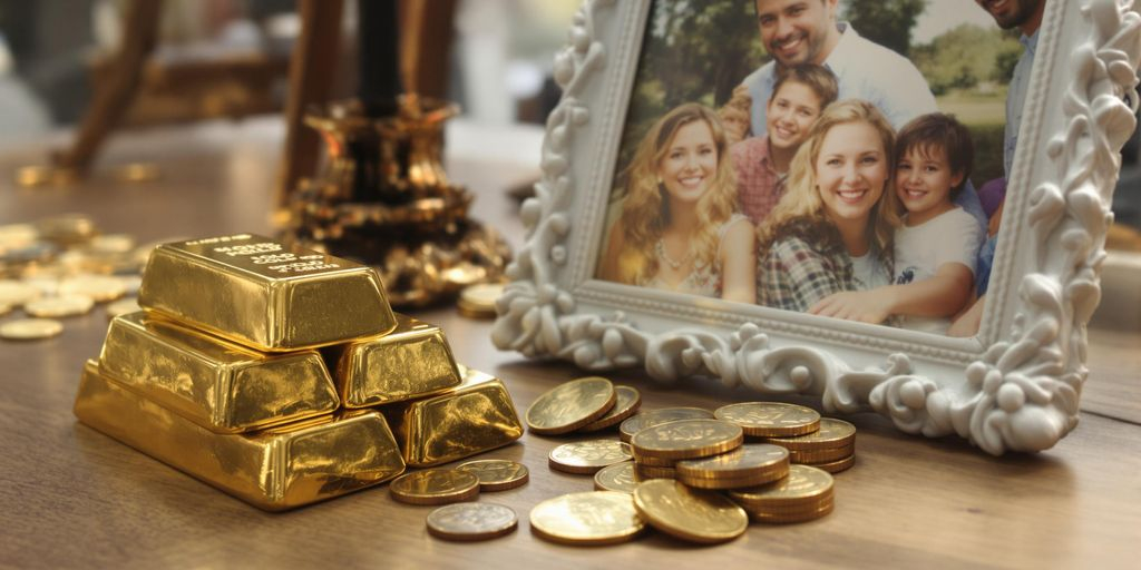 Lingots d'or et photo de famille sur une table en bois.