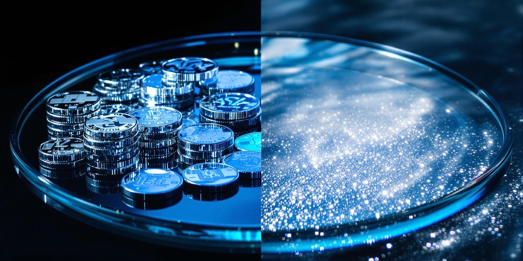 Photographie de pièces en argent et écran digital aux reflets.
