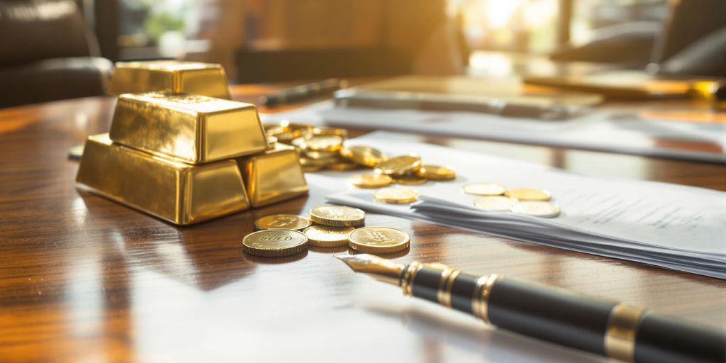 Lingots et pièces d'or sur un bureau avec document légal