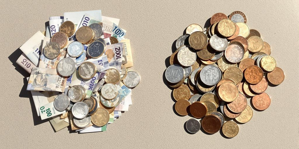 Photo nette de monnaie neuve et recyclée, textures contrastées vives.