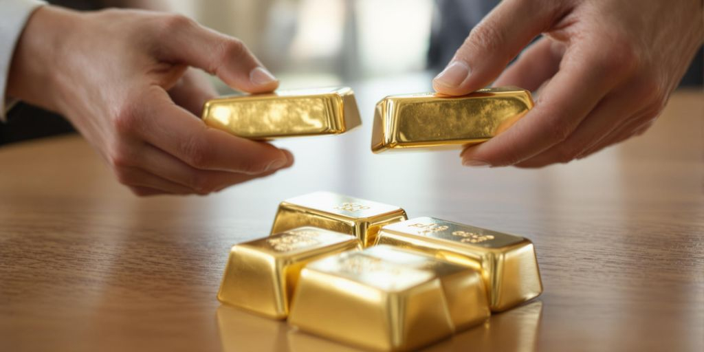 Deux mains échangent des lingots d'or sur une table.